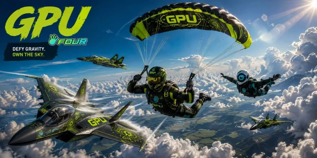 GPU and Four.meme skydivers above the clouds