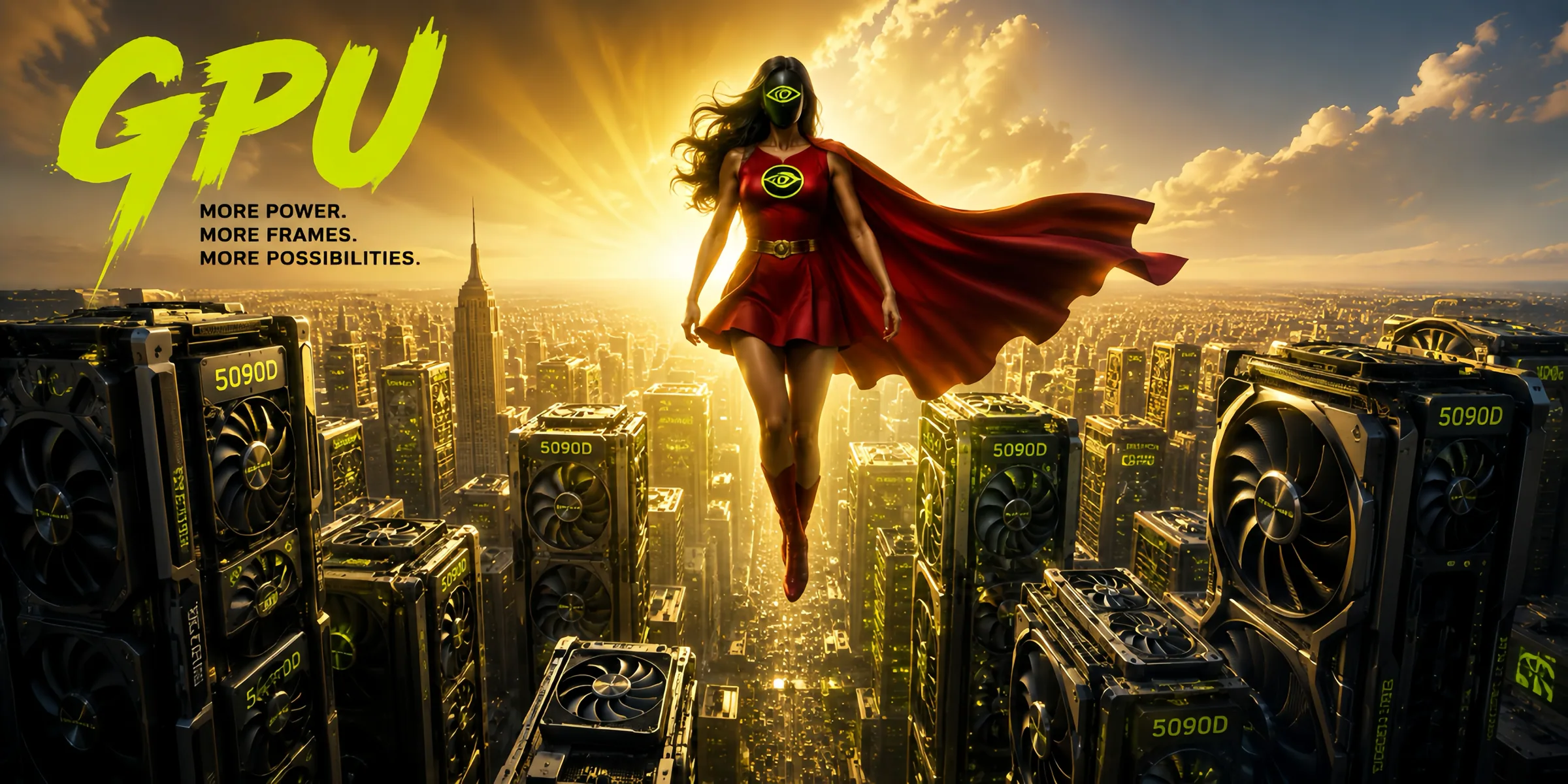 Hero character flying above a city of graphics cards