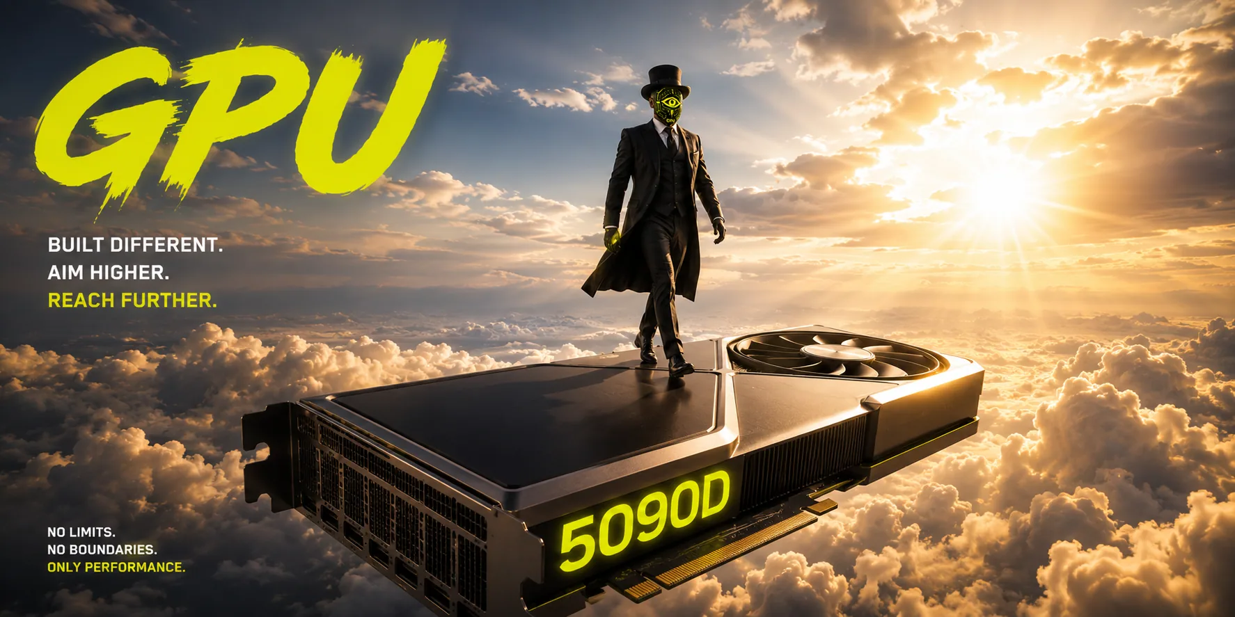 GPU character standing on a graphics card above clouds